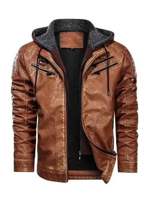 Tan Bomber Hooded Leather Jacket