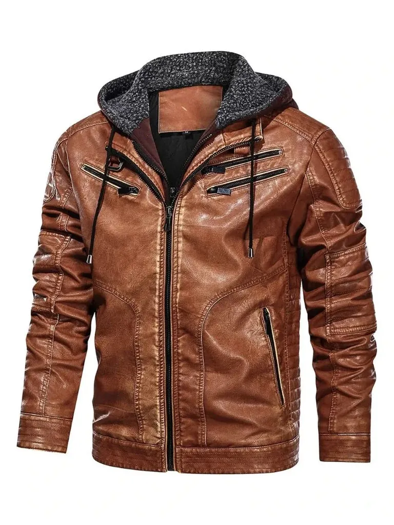 Tan Bomber Hooded Leather Jacket