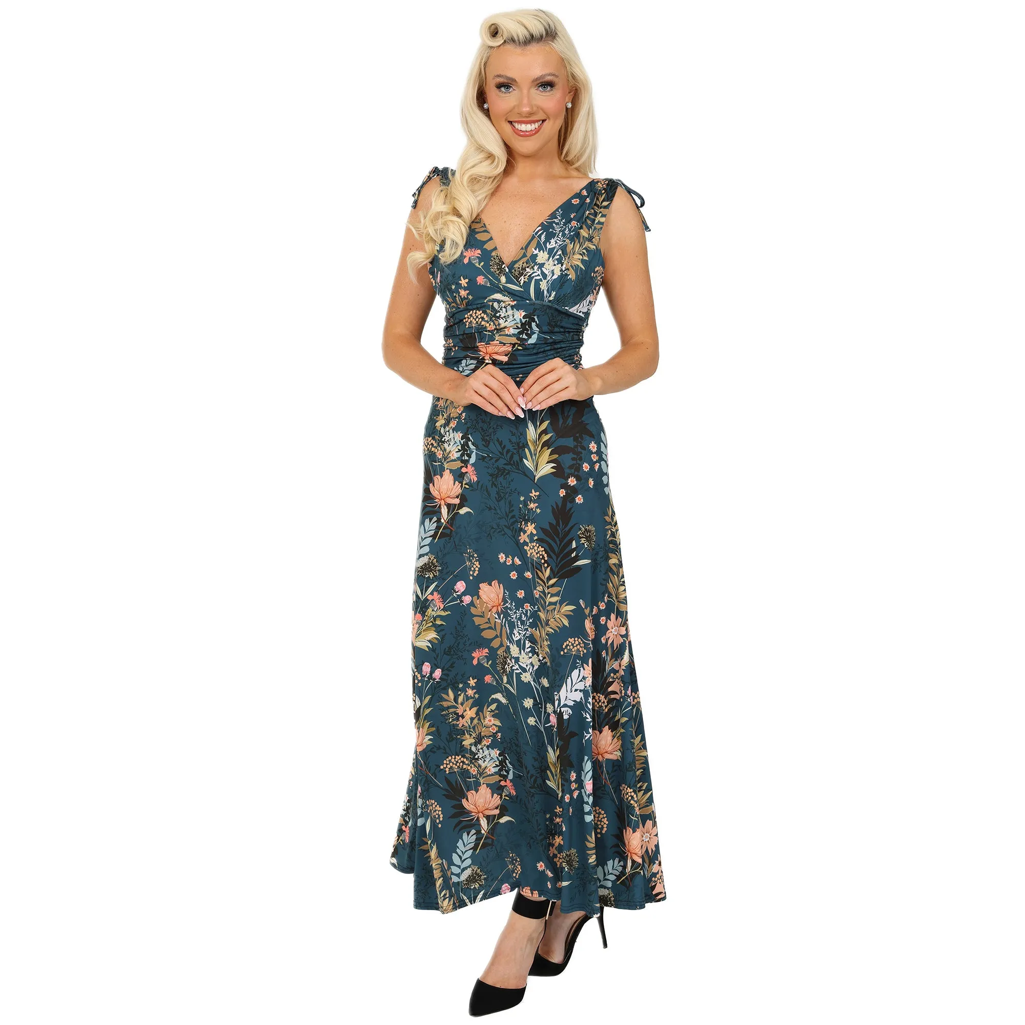 Teal Green Floral Print Slinky Summer Maxi Dress