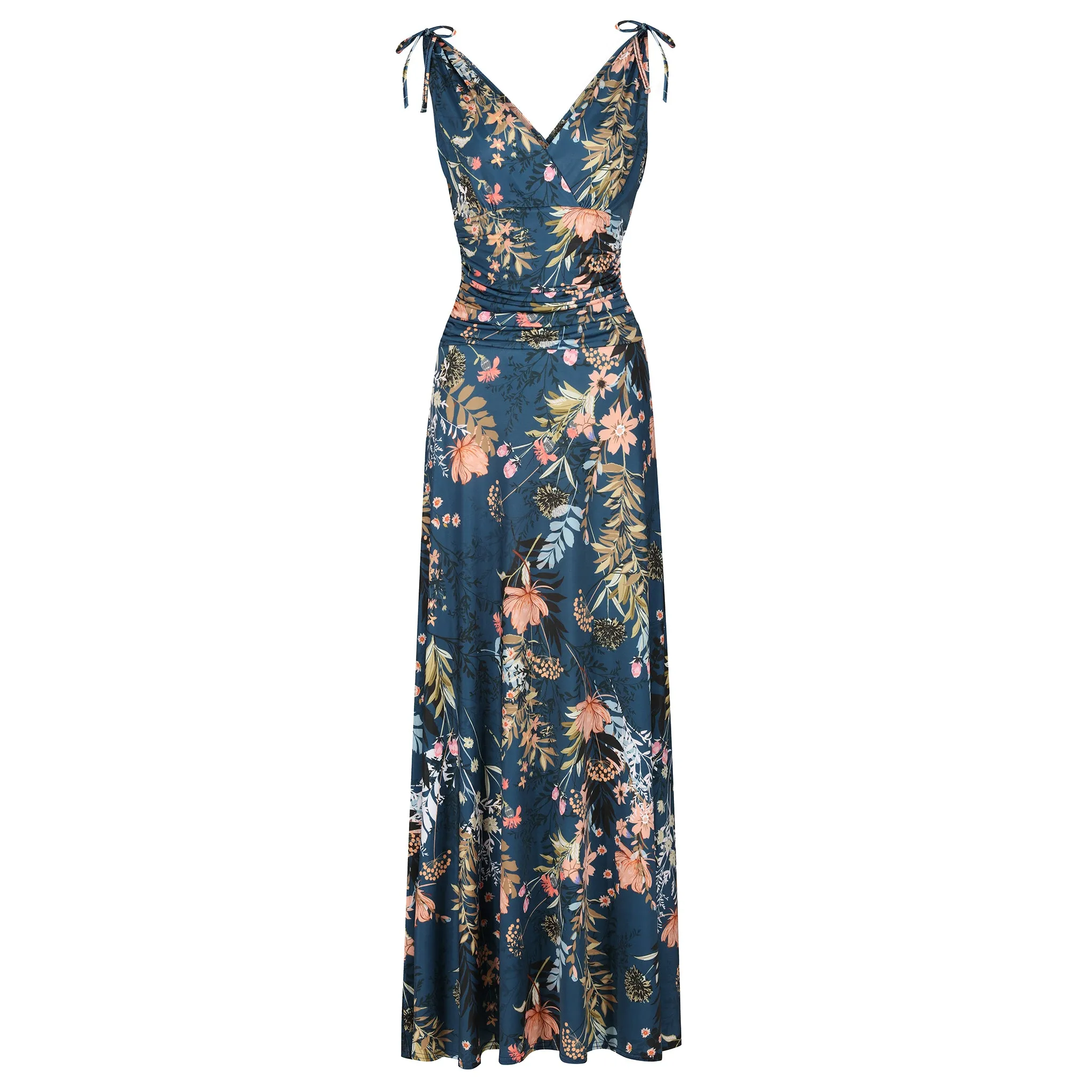 Teal Green Floral Print Slinky Summer Maxi Dress