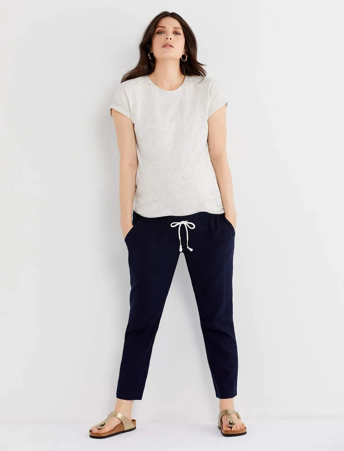 Under Belly Linen Straight Leg Maternity Crop Pants in Navy