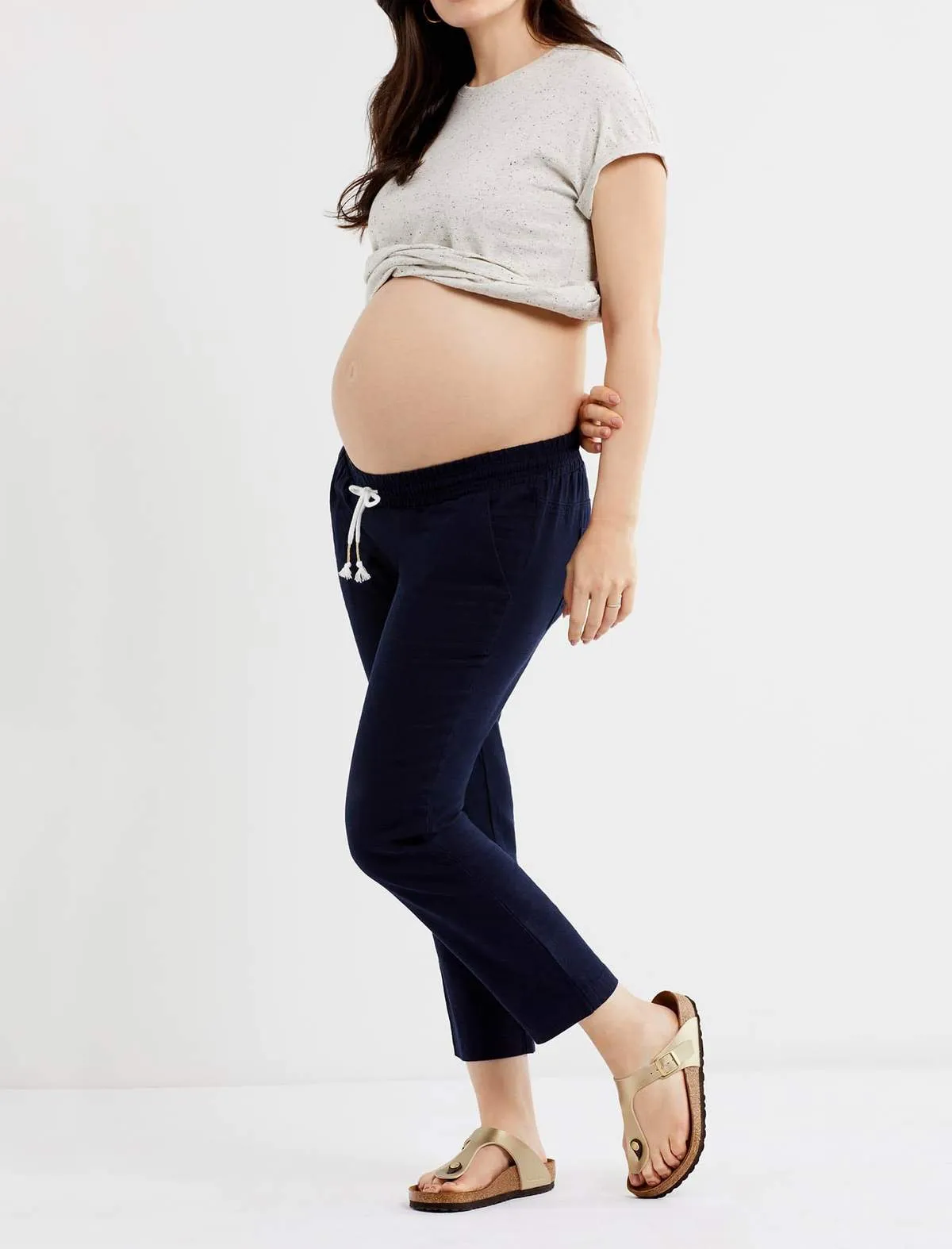 Under Belly Linen Straight Leg Maternity Crop Pants in Navy