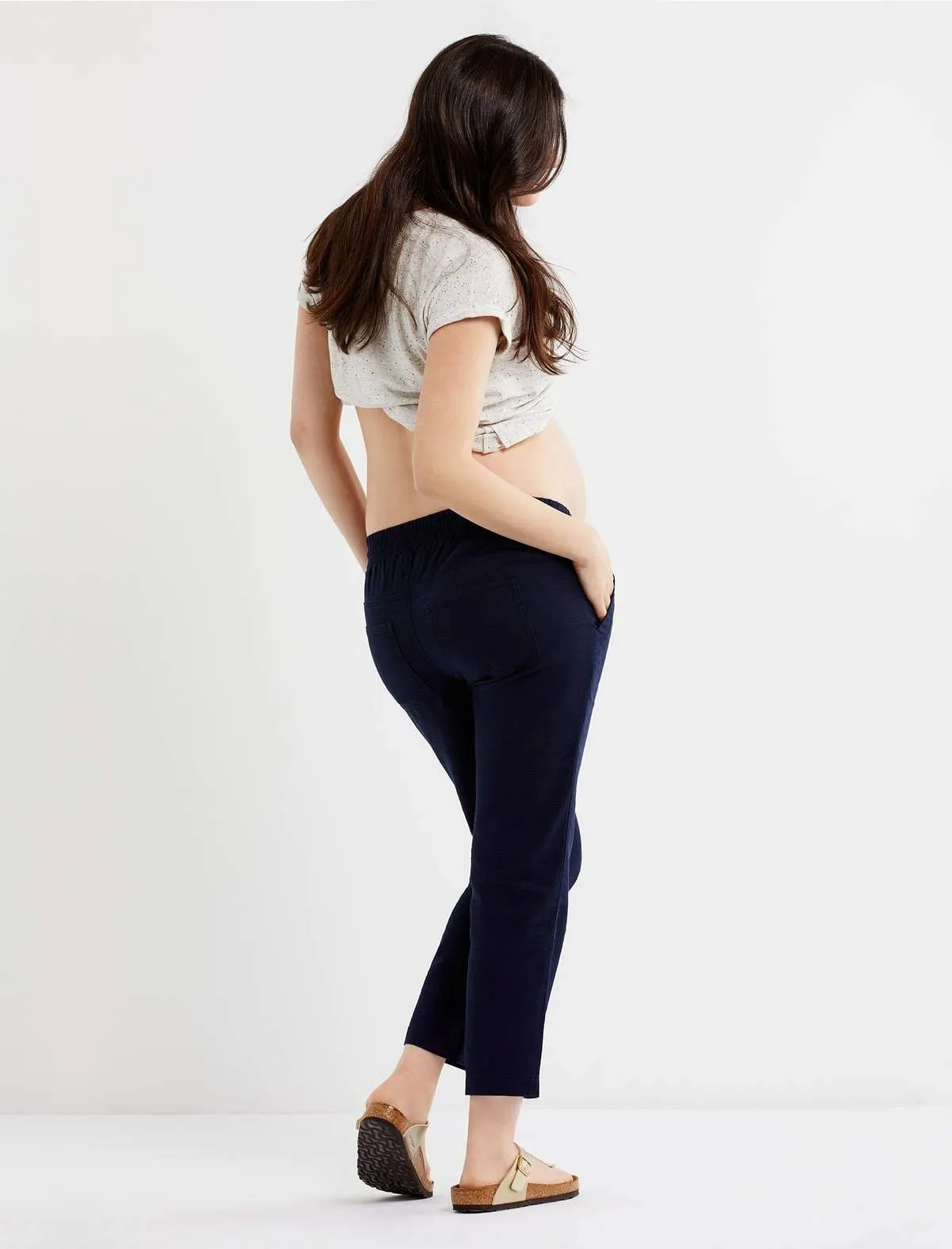 Under Belly Linen Straight Leg Maternity Crop Pants in Navy