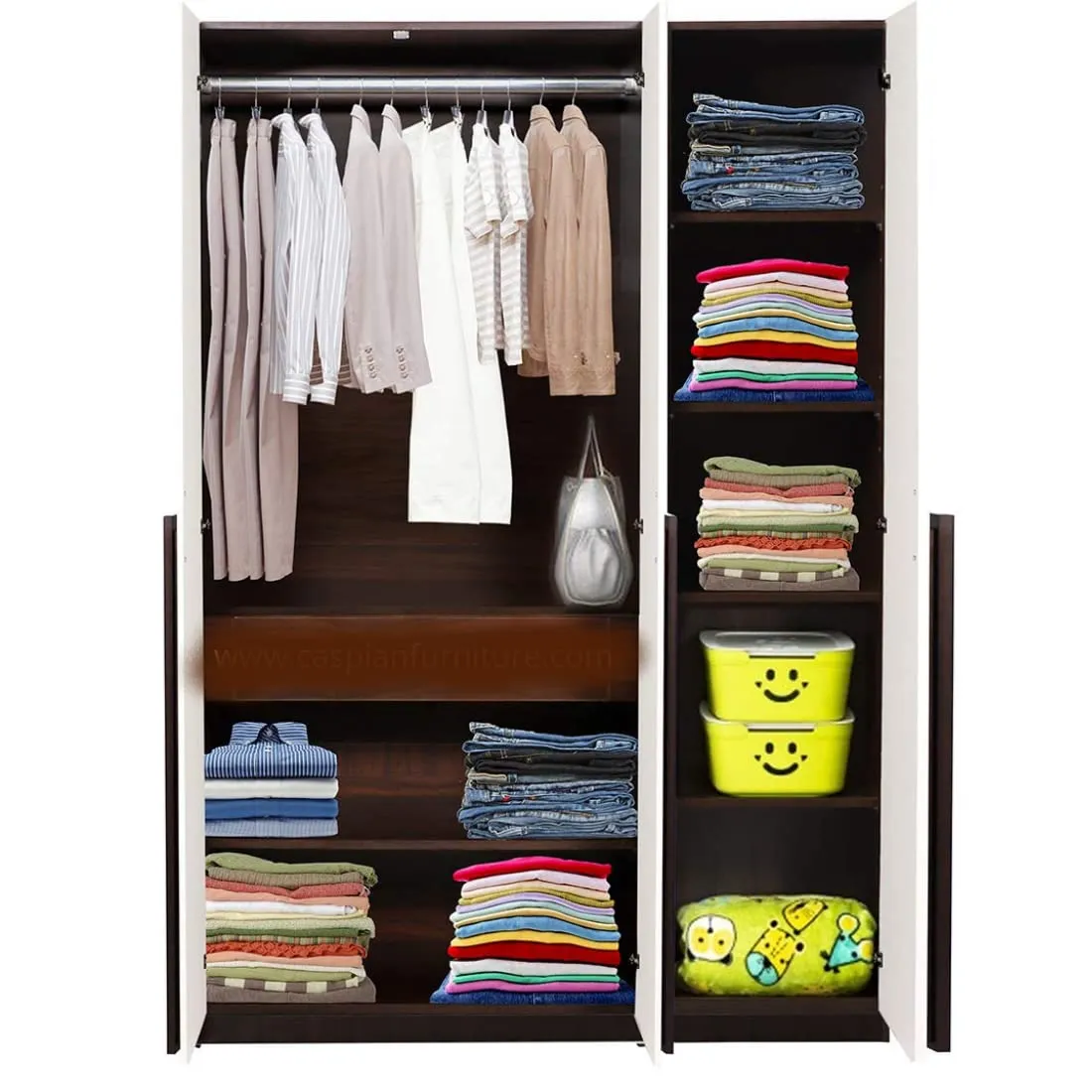 White and Brown Textured 3 Door Wardrobe with Drawer, Shelves and Hanging Space for Clothes