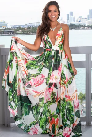 White and Green Floral Maxi Dress