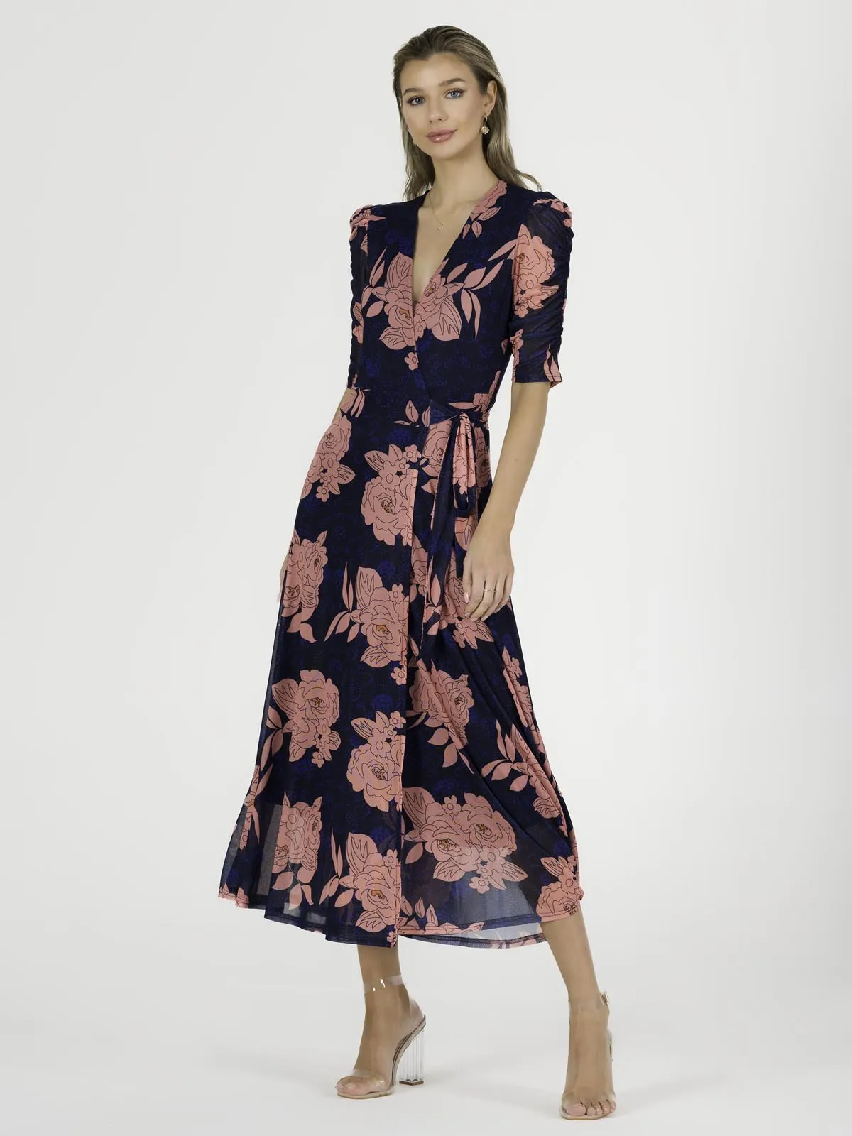 Winona Mesh Wrap Maxi Dress, Navy Floral