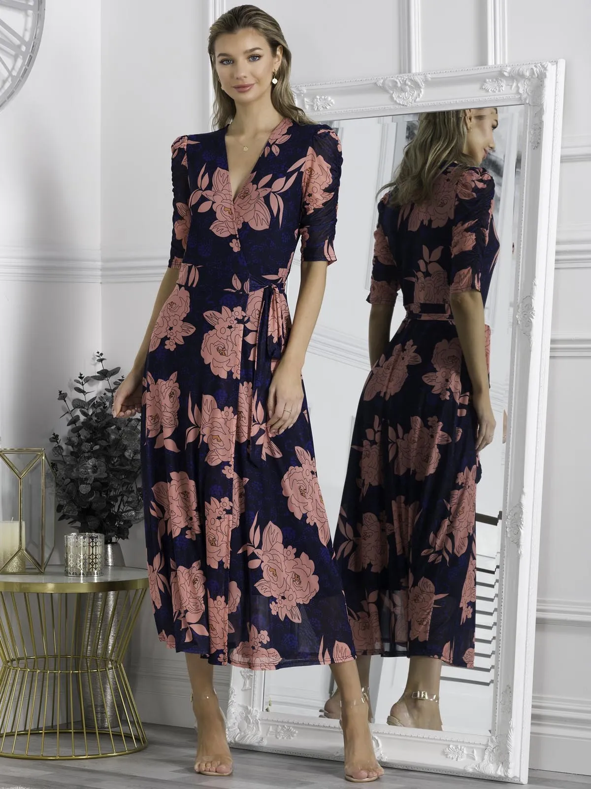 Winona Mesh Wrap Maxi Dress, Navy Floral