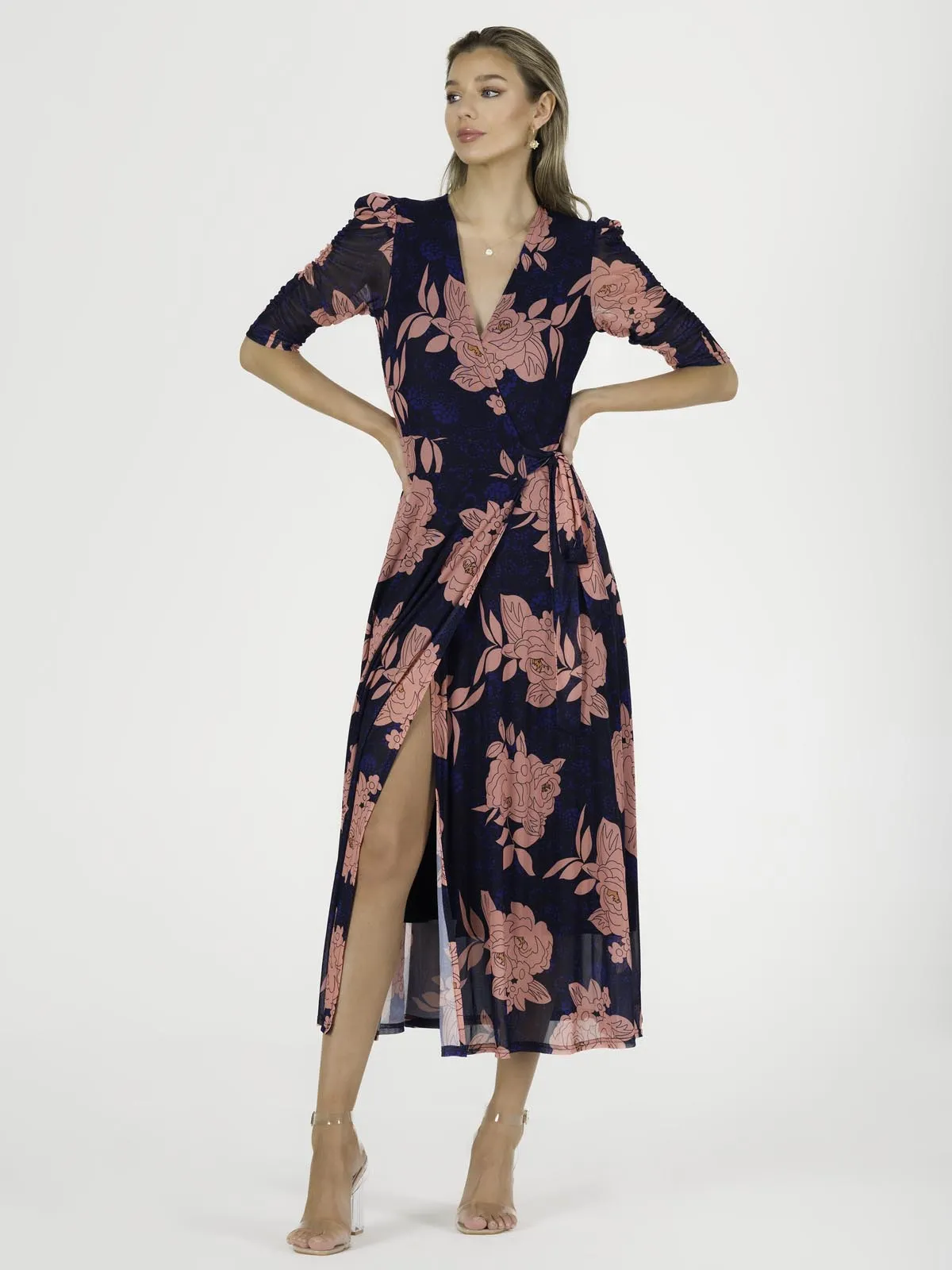 Winona Mesh Wrap Maxi Dress, Navy Floral