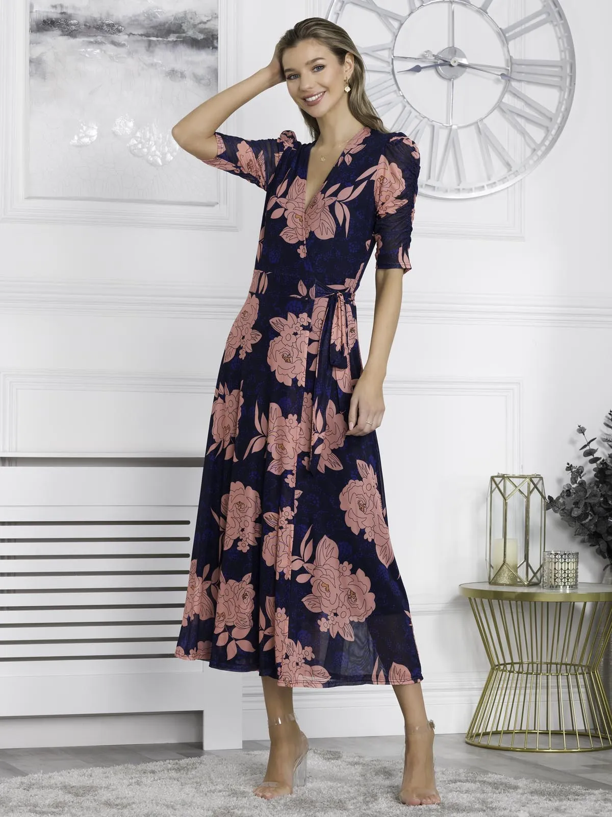 Winona Mesh Wrap Maxi Dress, Navy Floral