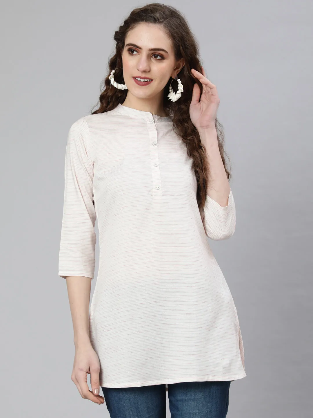 Women Off-White And Pink Printed Straight Tunic With Three Quarter Sleeves