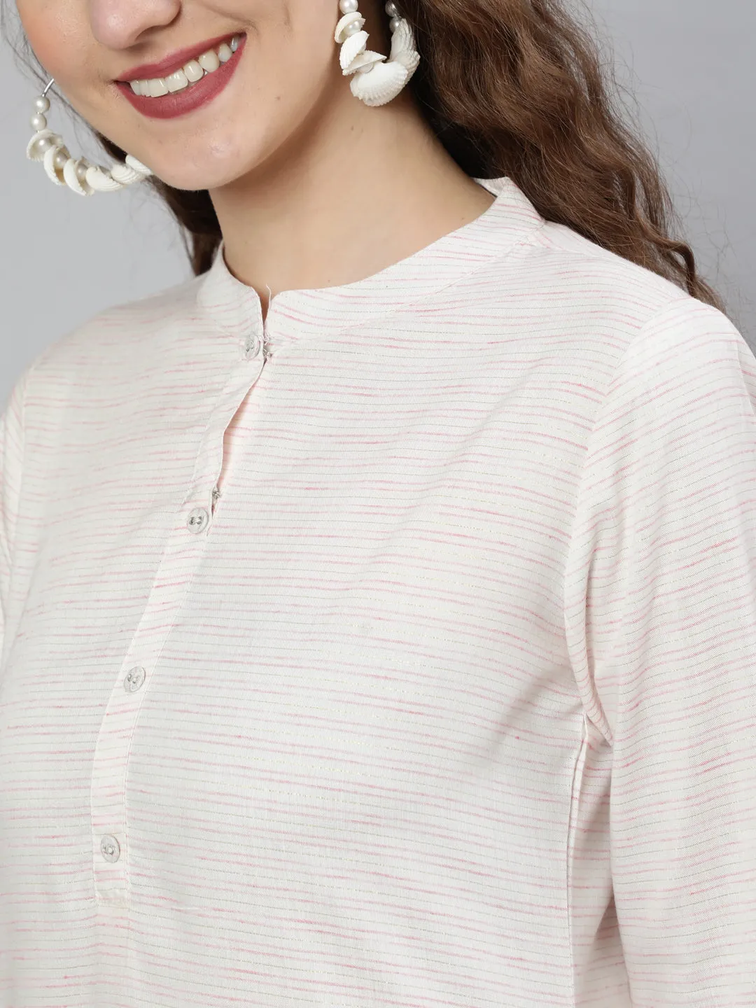 Women Off-White And Pink Printed Straight Tunic With Three Quarter Sleeves