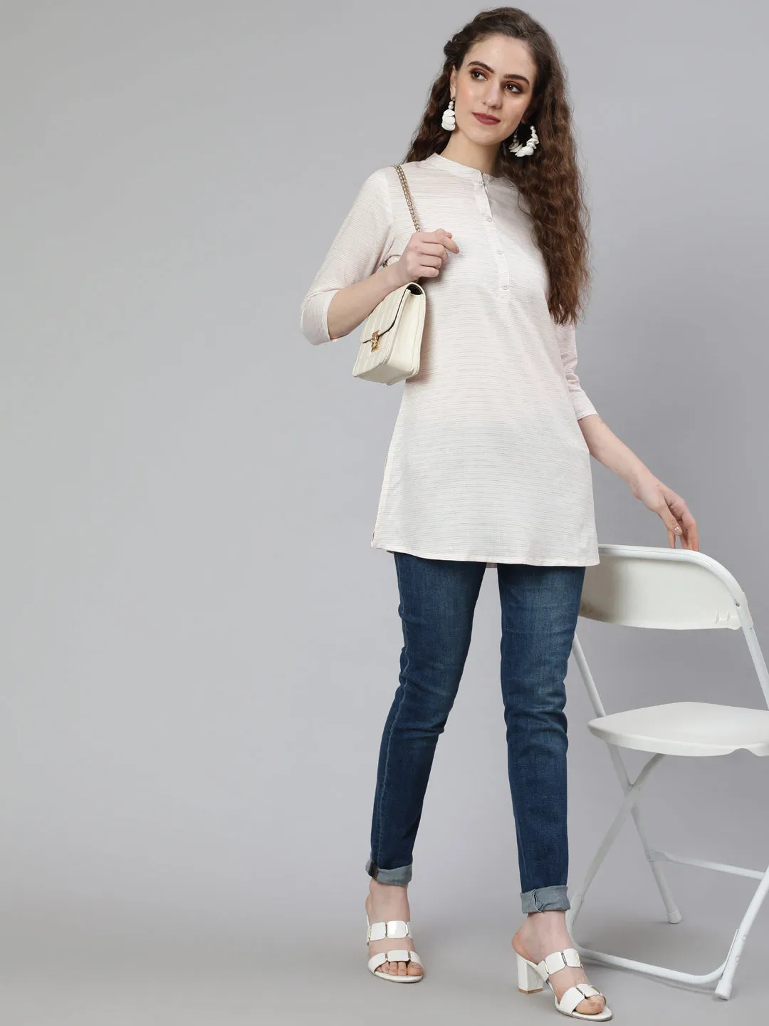 Women Off-White And Pink Printed Straight Tunic With Three Quarter Sleeves