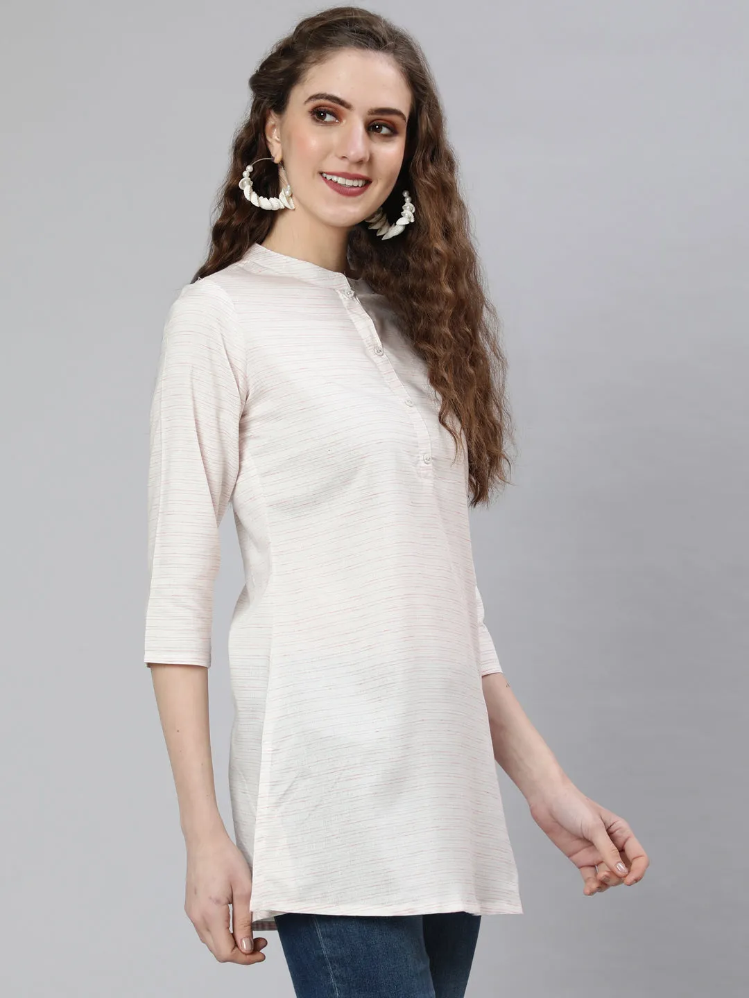 Women Off-White And Pink Printed Straight Tunic With Three Quarter Sleeves