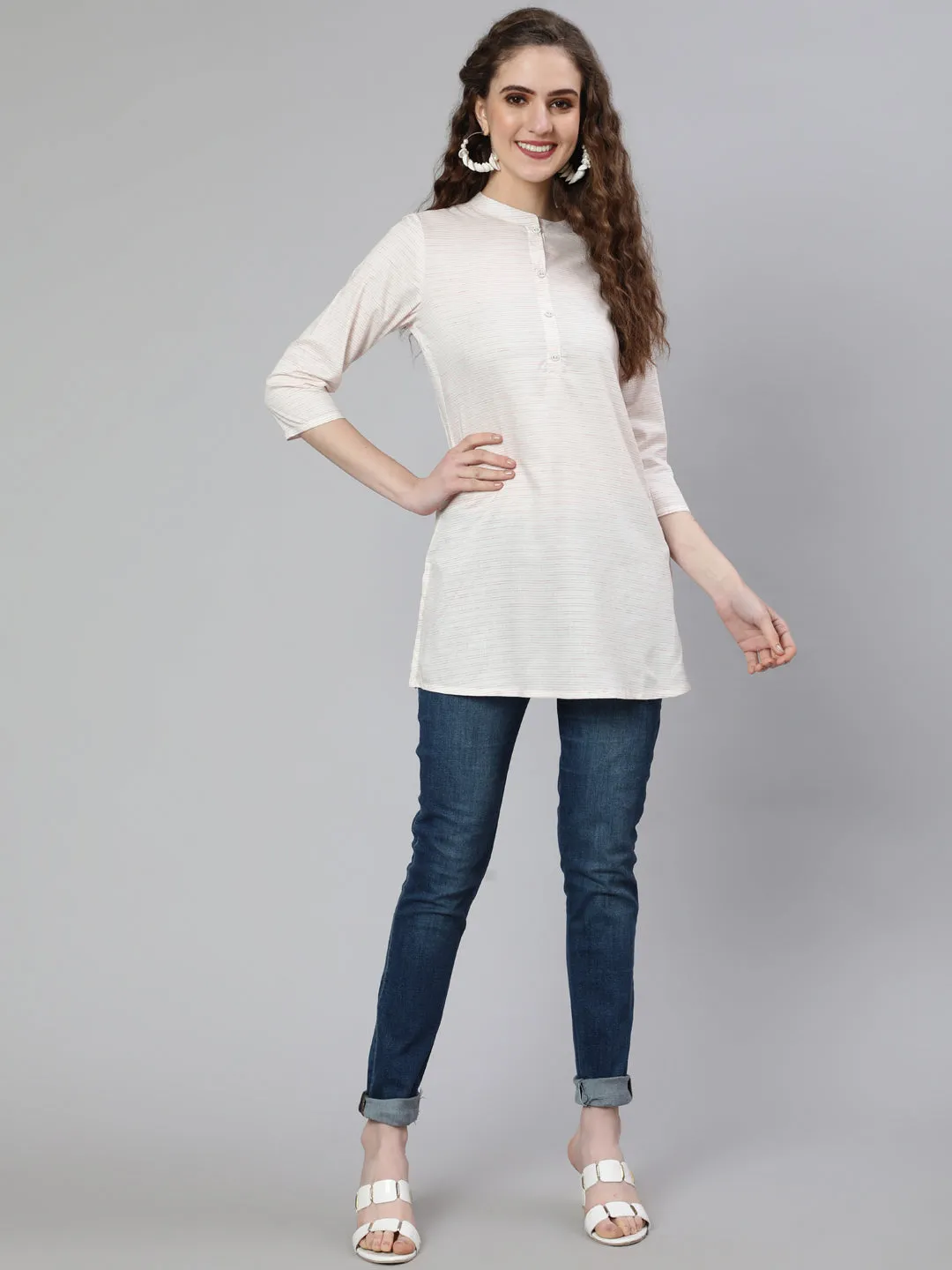 Women Off-White And Pink Printed Straight Tunic With Three Quarter Sleeves