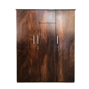 Wood Textured 3 Door Wardrobe with Locker, Drawers, Shelves and Hanging Space for Clothes | Wardrobe for Clothes